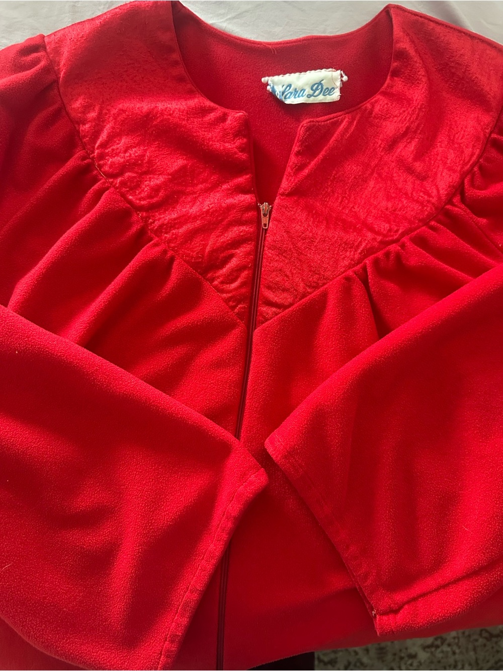 Vintage Lara Dee Red Velour Hostess Gown Half Zip Robe Housecoat Long 1970-80s